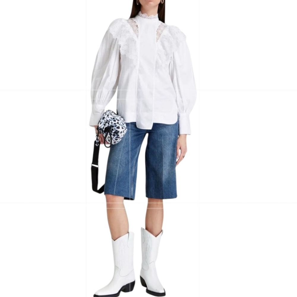 GANNI Macrame - Trimmed Cotton-Poplin Blouse, Eyelet, Frilly, Western, SZ 38